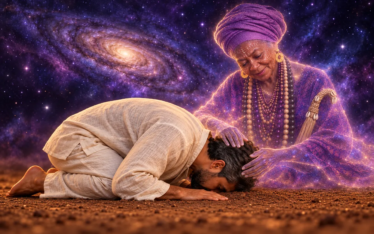 Um homem de roupa clara se prostra com a testa no chão de terra; sobre ele, Nanã, feita de luz e estrelas, pousa as mãos na cabeça dele, diante de uma galáxia roxa